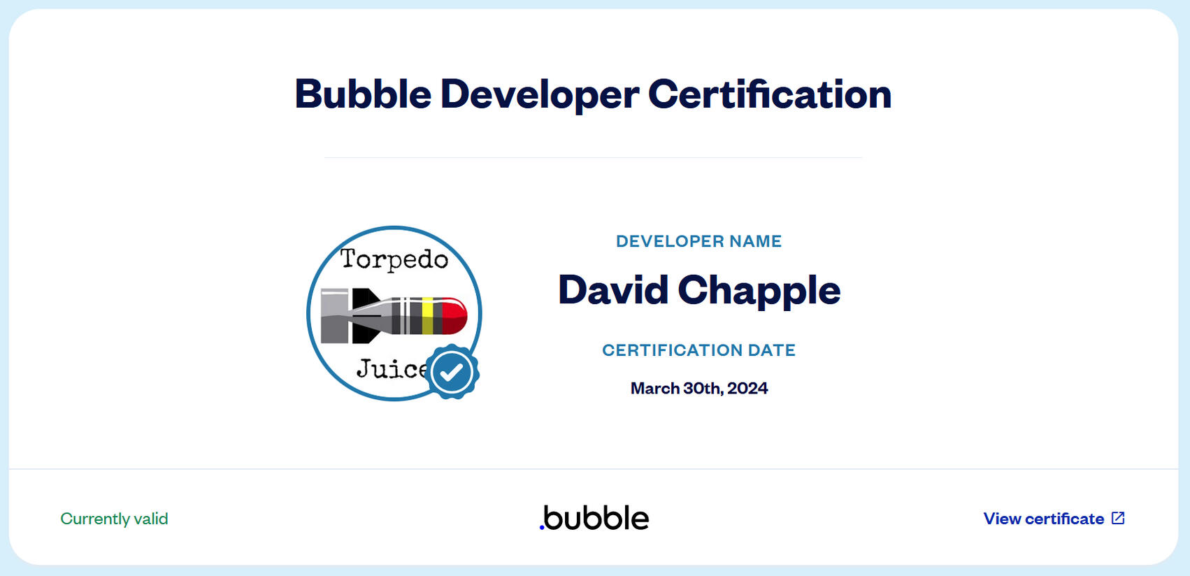 Bubble Developer Certificate for David Chapple
